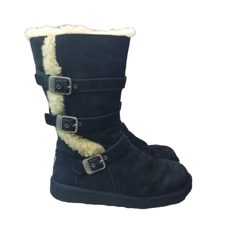 Ugg Maddi black shearling buckle boot 4 girls 6 women - Picture 2 of 15